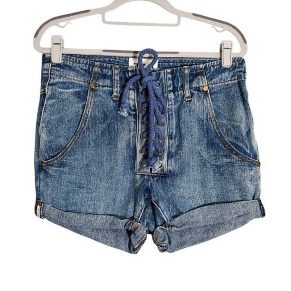 One Teaspoon Shorts 31 Light Wash Distress Lace Up Festival Streetwear Y2K Denim